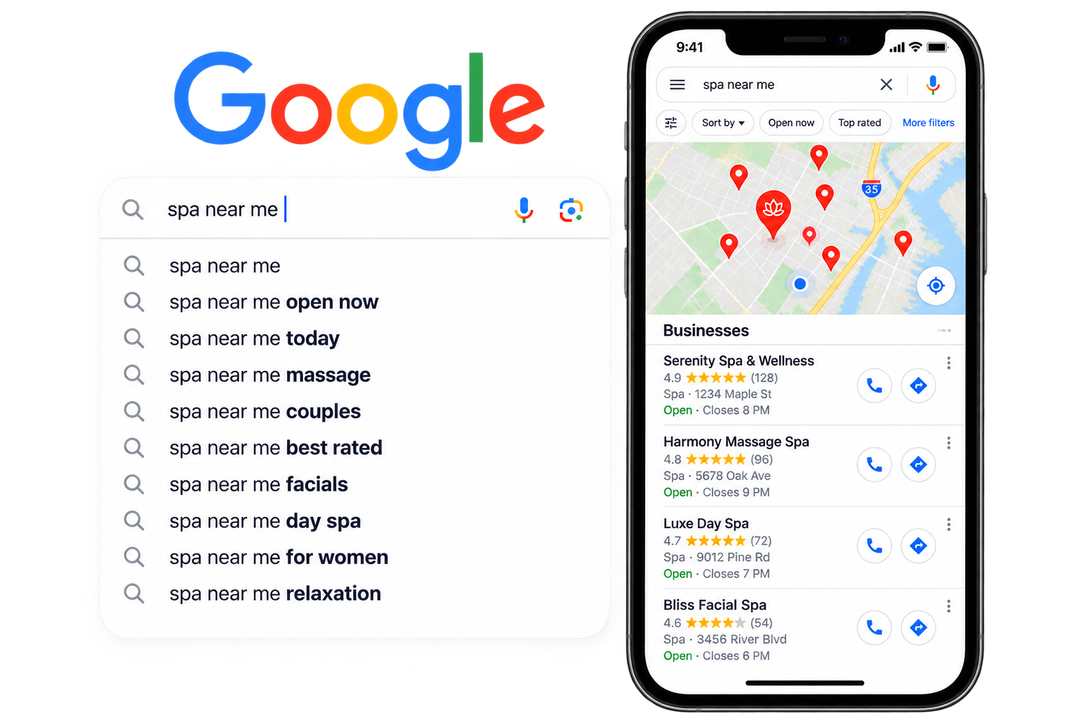 Google search results for a local business, shown on desktop and mobile